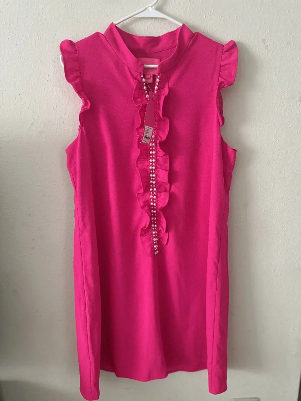 Lilly Pulitzer Adalee Shift Dress 12 Pink Palms Pearl Neck Ruffle - Picture 2 of 8